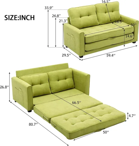 Miniatura 2 de Sofá cama convertible moderno con cama extraíble y dos bolsillos laterales, sofá biplaza de felpilla para sala de estar, apartamento, oficina (verde)