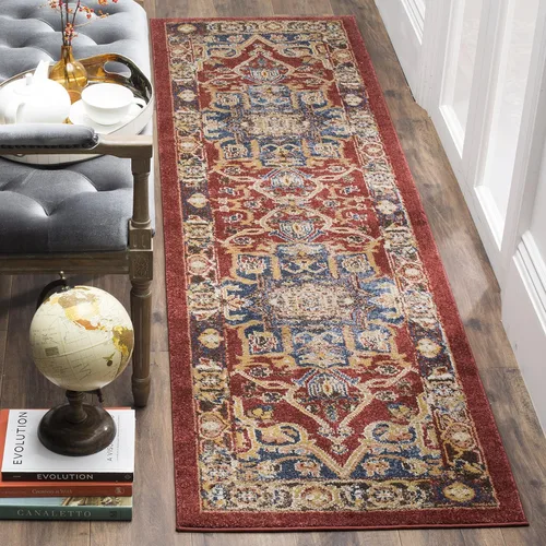 SAFAVIEH Bijar Collection BIJ605R - Alfombra tradicional oriental, envejecida, no desprende pelusa, 2 pies 3 pulgadas x 12 pies, color rojo y azul