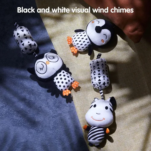 Miniatura 8 de TUMAMA Juguetes de bebé blanco y negro para 3, 6, 9, 12 meses, sonajeros colgantes de felpa, juguetes de cochecito para recién nacidos para niños