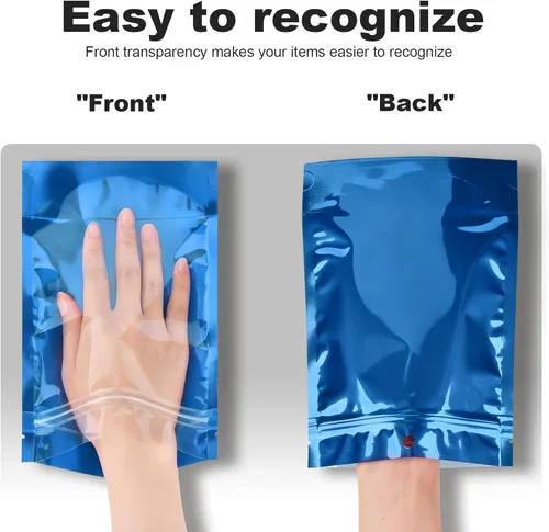 Miniatura 4 de 100pcs 7.1"x10.2" Mylar Bags for Food Storage,Smell Proof Bag with Window Resealable，Stand-up Foil Pouch Packaging Freeze Dried Candy Bag Food Azul
