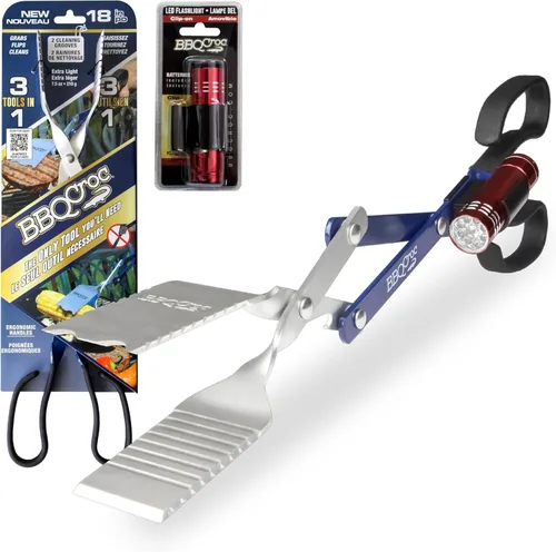 Miniatura 10 de Herramienta para barbacoa 3 en 1 de 18 pulgadas de BBQ Croc - Pinzas ligeras y largas, espátula y raspador de parrilla (azul)