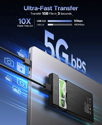 Miniatura 5 de ORICO Caja de disco duro externo USB 3.0 a SATA III de 2.5 pulgadas para disco duro SATA HDD/SSD de 2.5 pulgadas 0.276 in-0.374 in sin herramientas