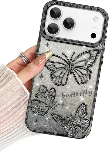 Miniatura 33 de BITOBE Diseñada para iPhone 15 Pro Max, bonita funda de mariposa 3D chapada en purpurina delgada para mujeres y niñas, protección de cámara, Negro