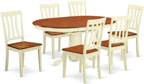 East West Furniture AVAT7-WHI-W Juego de mesa de comedor de 7 piezas consta de una mesa de comedor ovalada con hoja de mariposa y 6 sillas de