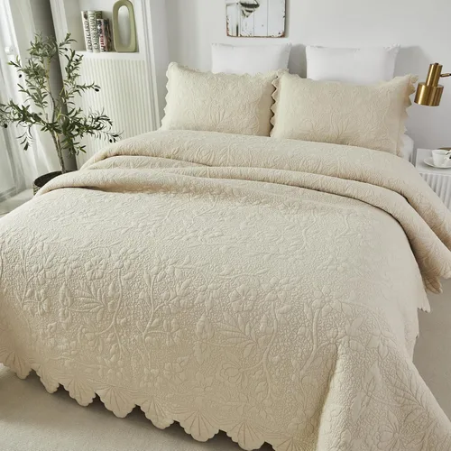 Miniatura 2 de Brandream Queen Size Quilt Set Cotton Beige Quilts Luxury Farmhouse Bedding Set Matelasse Coverlet Scalloped Quilt Set 3-Piece