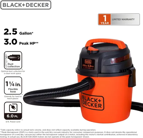 Miniatura 3 de BLACK+DECKER Aspiradora de Taller de 2.5 Galones, Aspiradora Húmeda y Seca de 3 HP Pico con Potente Succión, Portátil para Garaje, Automóvil y Uso