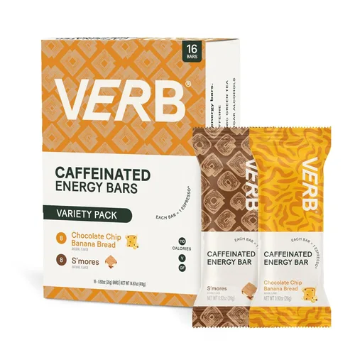 Verb Barras de Energía Cafeinadas - Paquete de Variedad - 2 Sabores Deliciosos (26g, Paquete de 16) Barra de Energía Deliciosa de 110 Calorías, Baja