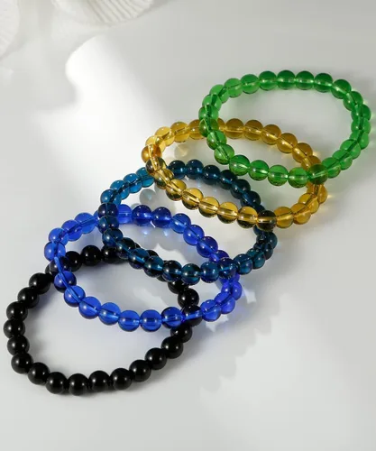 Miniatura 6 de BOMAIL 5 pulseras elásticas de cuentas de 0.315in, hechas a mano, redondas, de cristal, para mujeres, multicolor, mate, pulsera elástica, regalos