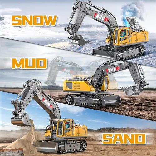 Miniatura 8 de Juguete de construcción de excavadora de control remoto de 17 canales para niños, juguete de excavadora RC de 2400 mAh con pala de metal, aerosol
