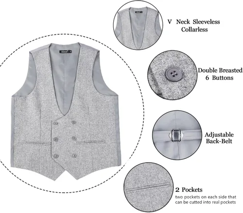 Miniatura 4 de Alizeal Mens Formal Tweed Suit Vest Double Breasted Slim Fit Wool Tuxedo Solid Waistcoat