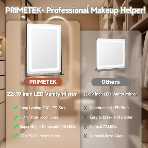 Miniatura 5 de PRIMETEK Espejo de tocador con luces, espejo de maquillaje grande de 19 x 22 pulgadas con luces, espejo de maquillaje iluminado LED, pantalla táctil