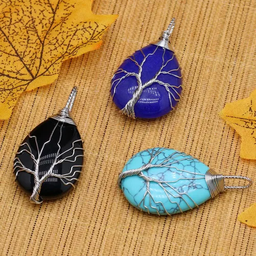 Miniatura 2 de 4 colgantes de piedra natural, forma de gota de agua, chakra, cristal, ágata, alambre de piedra, tejer, diseño de árbol de la vida, para hacer