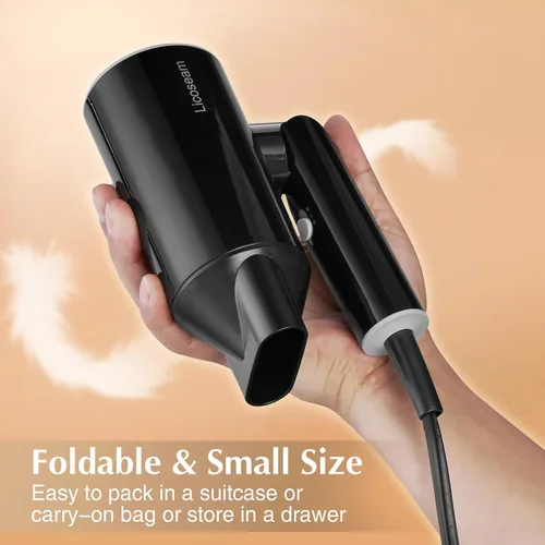 Miniatura 2 de Secador de pelo plegable pequeño de 1600 W, negro Secador compacto de secado rápido con concentrador y tiro frío