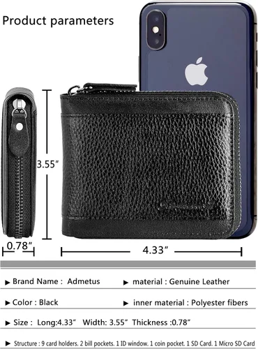 Miniatura 12 de Admetus Billeteras con bloqueo RFID para hombre, billetera de cuero con cremallera para hombres con tarjetero RFID plegable