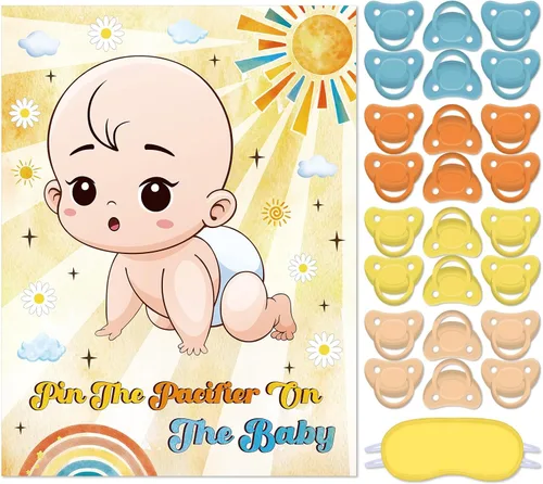Miniatura 21 de Faccito Pin The Chupete - Juego de baby shower, decoración de fiesta de baby shower, incluye póster grande, 24 calcomanías para chupete, juego