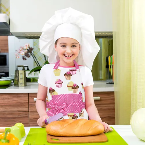 Miniatura 3 de Claswcalor Delantal de cocina para niños y niñas, 100% algodón, lindo delantal para hornear cupcakes, delantal de cocina ajustable, delantal rosa