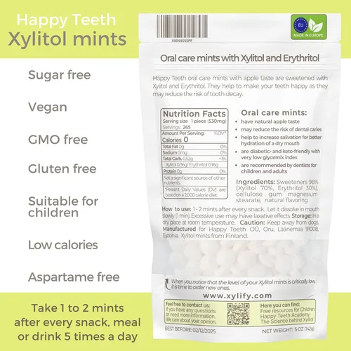 Miniatura 2 de Mentas de xilitol para el cuidado oral - Sabor manzana, con xilitol y eritritol, caramelo sin azúcar, mentas dentales Happy Teeth de Finlandia, 5 oz
