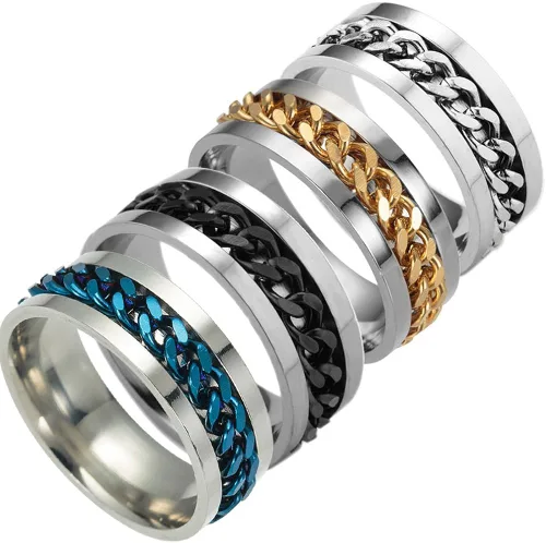 Miniatura 3 de Anillo de acero de titanio para hombre, alianza con borde y centro giratorio
