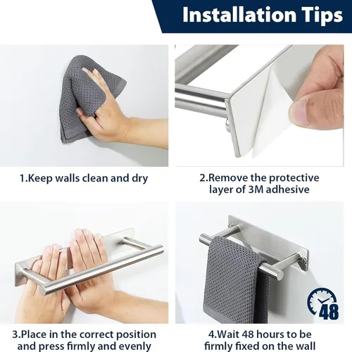 Miniatura 7 de Alise Toallero adhesivo de níquel cepillado, toalleros para baño montado en la pared, toallero de baño de acero inoxidable SUS304, toallero