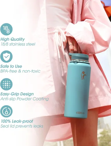 Miniatura 5 de Botella de agua Coolflask de 40 onzas con correa, botella de agua metálica aislada con popote y tapas con pico, acero inoxidable de doble pared al