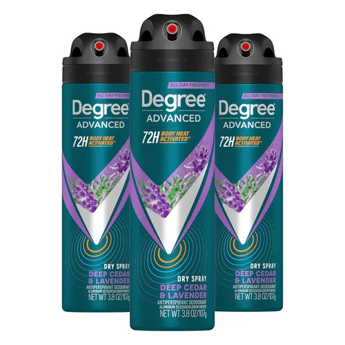 Degree Desodorante antitranspirante avanzado para hombres, espray seco de cedro profundo y lavanda, 3 unidades, 72 horas, desodorante de protección