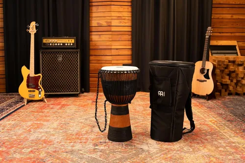 Miniatura 7 de Meinl Percussion ADJ3-L+BAG Cuerda de estilo africano afinada de madera Djembe de 12 pulgadas con bolsa, marrón/negro