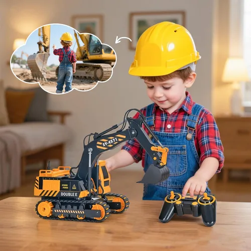 Miniatura 7 de DOUBLE E Juguete de excavadora a control remoto, excavadoras a control remoto, caja de arena, juguetes de construcción hidráulicos, vehículo
