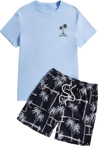 Miniatura 67 de GORGLITTER Conjunto de 2 piezas de camiseta gráfica de manga corta para hombre, estampado hawaiano con cordón y pantalones cortos
