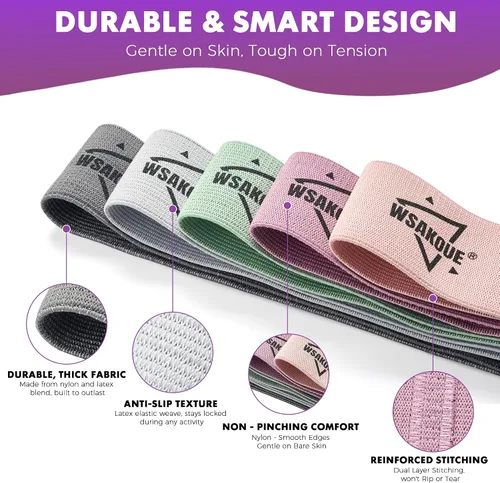 Miniatura 3 de WSAKOUE Bandas de Resistencia de Tela para Entrenamiento – 5 Bandas de Glúteos para Mujeres y Hombres, Bandas de Ejercicio para Piernas, Caderas