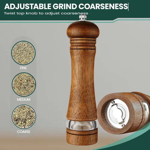 Miniatura 4 de Juego de molinillo de sal y pimienta de 2 piezas con bandeja de madera, molinos de sal y pimienta de madera de 8 pulgadas con grosor ajustable