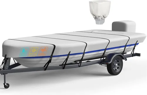 Cubierta de barco Jon de 5 capas 1200D de 14 pies a 16 pies con cubierta de motor, 100% impermeable para remolques Jon Boat cubre 14-16 pies con 9+4