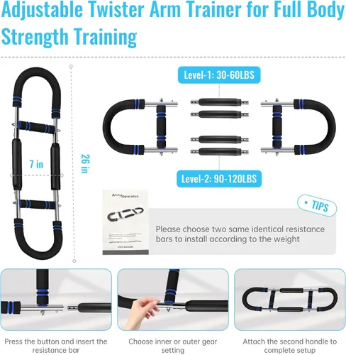 Miniatura 6 de Twister Arm Trainer – Equipo de entrenamiento de pecho de resistencia ajustable de 30 a 120 libras con 4 resortes, cuerda de saltar y muñequeras