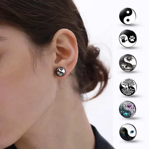 Miniatura 7 de YCL&TXL Juego de 6 pares de aretes de acero inoxidable con patrón Yin y Yang para hombre, redondos, color negro, 0.394 in, Acero inoxidable, No es