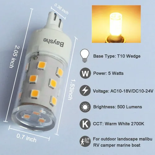 Miniatura 2 de BAYSHE Bombillas LED con base de cuña T10 de 12 V, 5 W, Malibú, camino, jardín, 921, 922, 912, 194, 168, T10, caravana, remolque, autocaravana