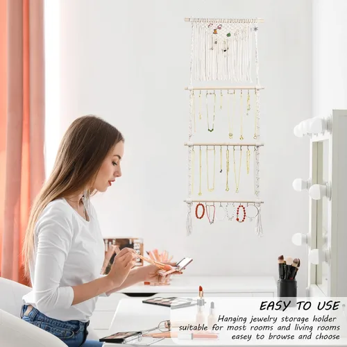 Miniatura 4 de Teniinet Organizador colgante de joyas, colgador de collar de macramé bohemio montado en la pared con 30 ganchos, soporte de joyería colgante