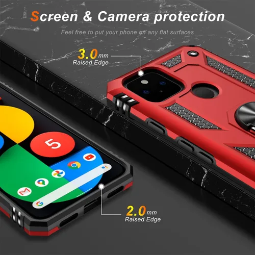 Miniatura 3 de LUMARKE Funda para Google Pixel 5 con protector de pantalla, pasa 16 pies, probada en caídas, grado militar, con soporte de anillo magnético, Rojo