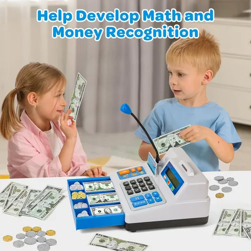 Miniatura 5 de Juguetes de Caja Registradora con Calculadora, Regalo para Niños de 3, 4, 5, 6, 7, 8+ Años, Set de 103 Piezas de Tienda de Comestibles