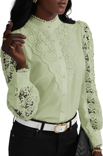 Miniatura 29 de Rooscier Blusa Elegante de Encaje de Crochet con Cuello Alto Simulado de Manga Larga con Botones para Mujer Top