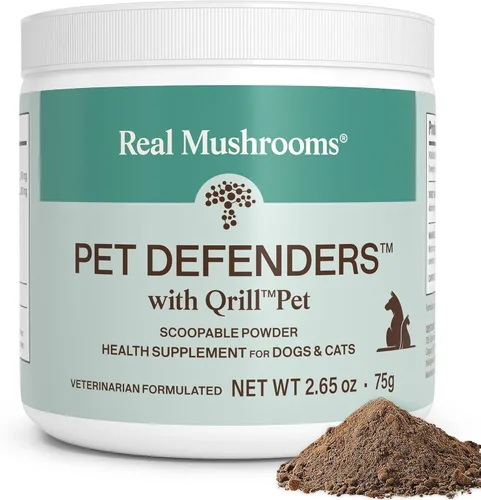 Real Mushrooms Pet Defenders with Krill - Apoyo inmunológico para perros con Reishi, cola de pavo, shiitake, extractos de hongos orgánicos Maitake,