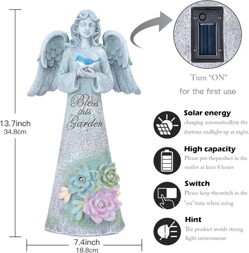 Miniatura 4 de Estatua de jardín de ángeles, decoración al aire libre, jardín de ángel sosteniendo pájaro con luces solares, regalos de jardinería para mamá
