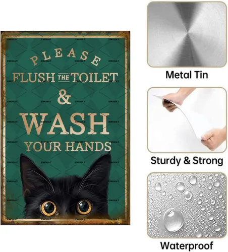 Miniatura 3 de EMOHAT Letrero de placa de metal de aluminio, divertido gato negro con texto en inglés «Please Flush Toilet Wash Your Hands», bonito cartel