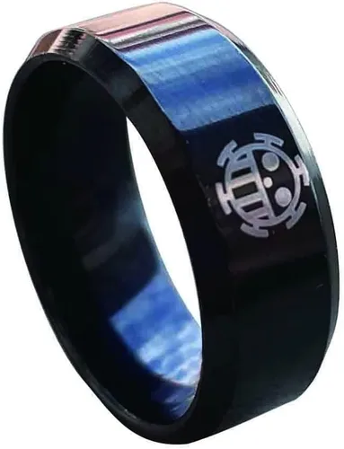 Anillo de anime Trafalgar Lawbigote blanco flamenco con logotipo para hombres y niños, anillo negro de 0.315in de ancho, joyería de una pieza,