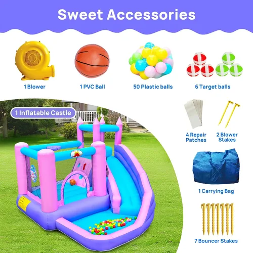 Miniatura 6 de WELLFUNTIME Casa inflable de rebote con tobogán, castillo de salto para niños con soplador, pozo de bolas, pared de escalada, diana, aro