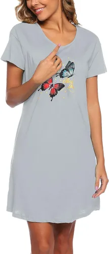Miniatura 3 de ENJOYNIGHT Camisón de algodón de manga corta para mujer, ropa de dormir con estampado casual