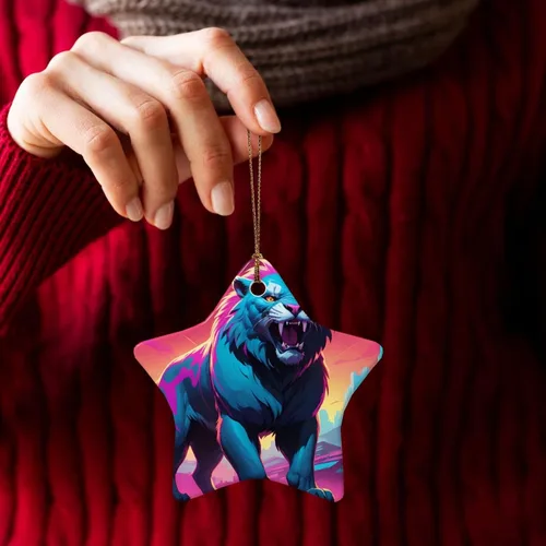 Miniatura 5 de Synthwave Sabertooth Printed Star Shape Ceramic Pendant, Perfect for Decorating Your Home Christmas Tree for Winter Parties