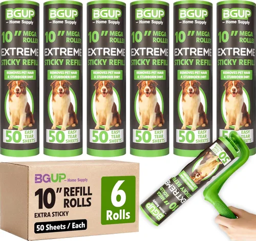 Rodillos de pelusa de 10 pulgadas, 6 rollos de 300 hojas, rodillos grandes para pelusas para pelo de mascotas, extrapegajosos, quitar fácilmente