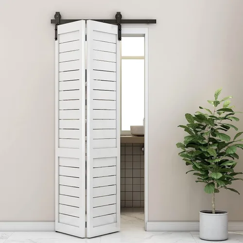 Miniatura 8 de Kit de riel de herrajes para puerta corrediza plegable de granero de 24", suave y silencioso, rodillo negro montado lateralmente, fácil de instalar
