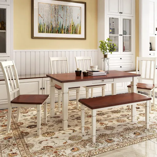 Miniatura 21 de Juego de mesa de comedor de madera de 6 piezas, juego de mesa de cocina con rectangular, juego de mesa de comedor con banco tapizado y 4 sillas