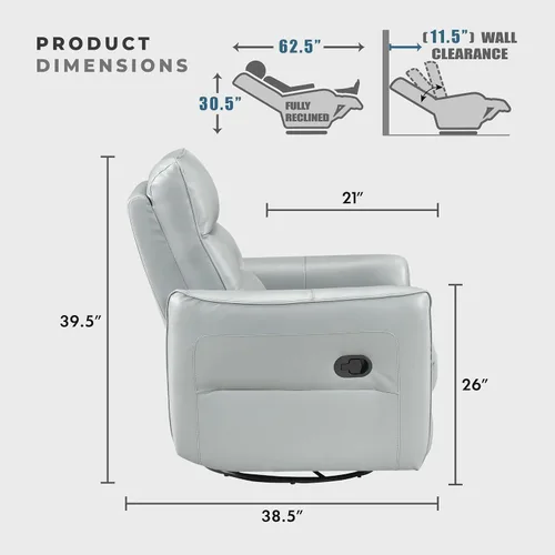 Miniatura 5 de Lexicon Silla reclinable giratoria, sillón reclinable manual de cuero de grano superior, cómodo sillón reclinable para guardería, silla reclinable