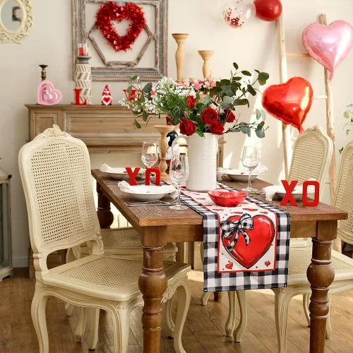 Miniatura 2 de GEEORY Camino de mesa para el día de San Valentín de 13 x 72 pulgadas, corazones rojos y lunares, decoración decorativa de mesa de granja